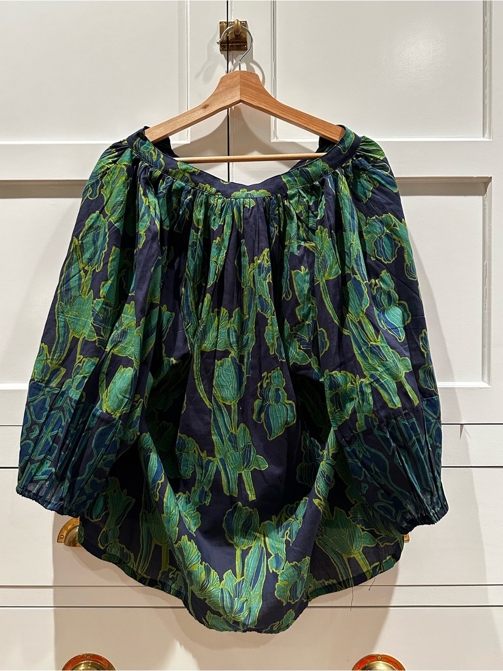 Off-Shoulder Navy Blouse with Green Floral Print